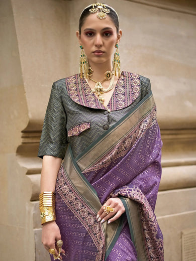 Awesome Purple Digital Printed Silk Event Wear Saree With Blouse
